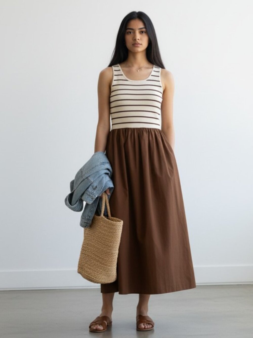 Sunday Edition NWT Cream Brown Stripe Knit Midi Dress Sz M